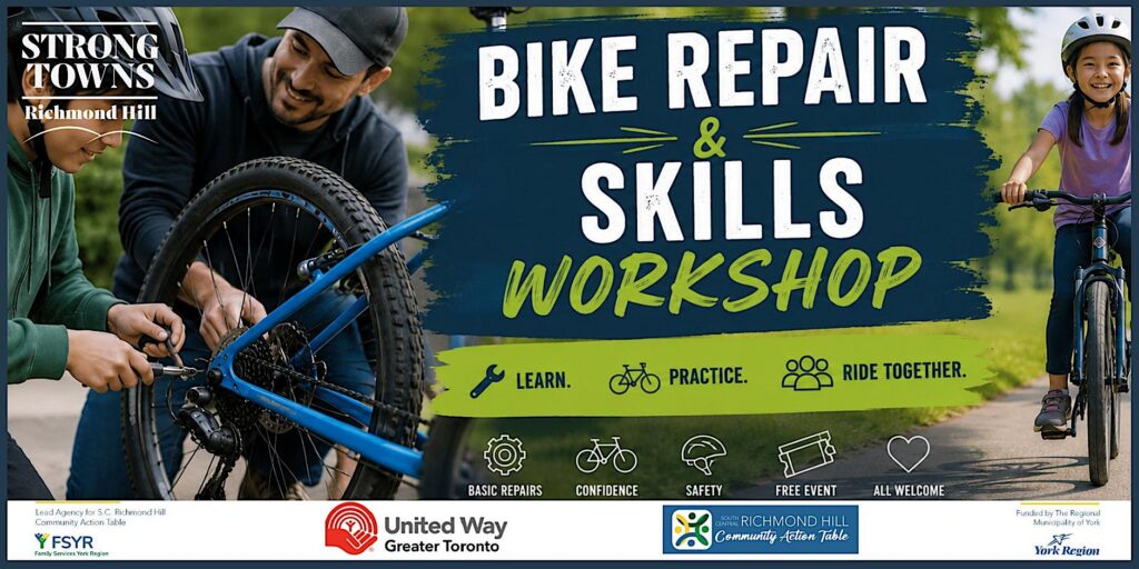 Promotional poster for a free Bike Repair & Skills Workshop in Richmond Hill, showing adults repairing a bicycle and a child riding a bike.